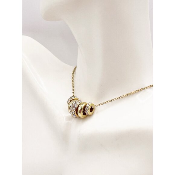 Gold Tone Multi Ring Necklace Crystal Pavé Circle Pendant Adjustable Chain - Picture 3 of 5